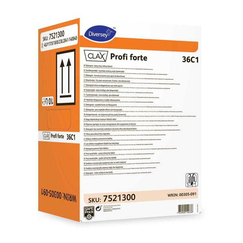 Un emballage rectangulaire de 10 litres de détergent liquide Clax Profi Forte 36C1 de Diversey Deutschland GmbH & Co. OHG avec des inscriptions orange et blanches et un mode d'emploi multilingue est destiné à être utilisé dans des machines à laver industrielles.