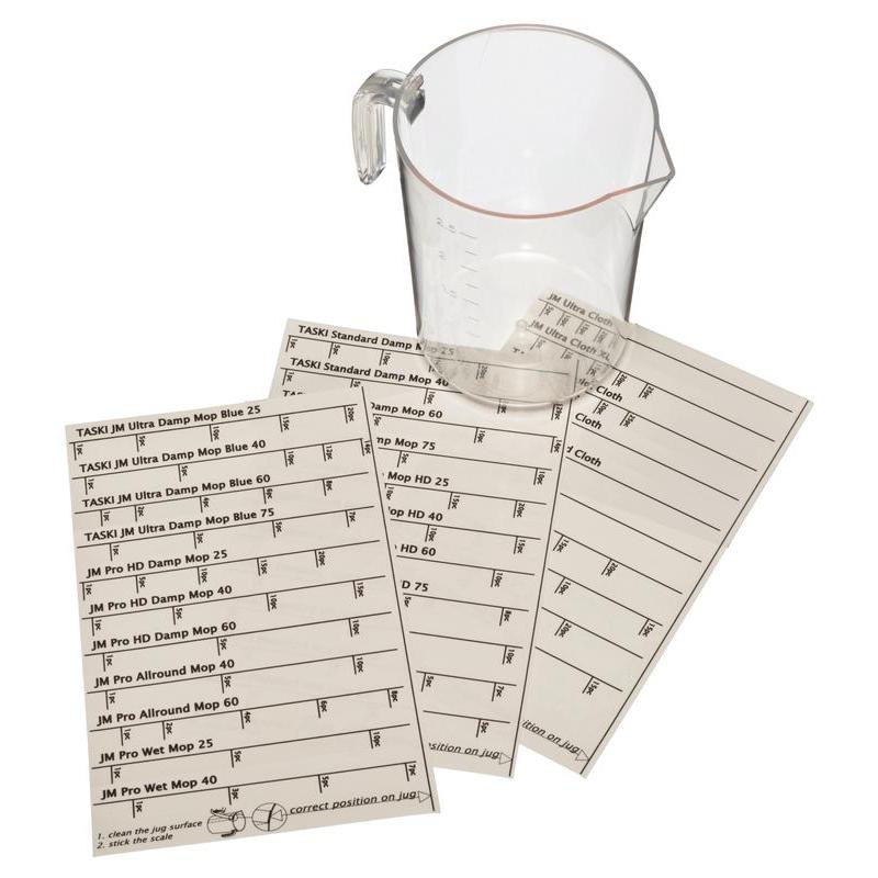 Sur trois feuilles de l'ensemble d'autocollants pour mesureurs, ensemble d'autocollants de remplacement pour mesureurs | Emballage (1 pièce) de Diversey Deutschland GmbH & Co. OHG ; les autocollants indiquent les types de vadrouilles avec des cases et des instructions. Le fond est blanc.