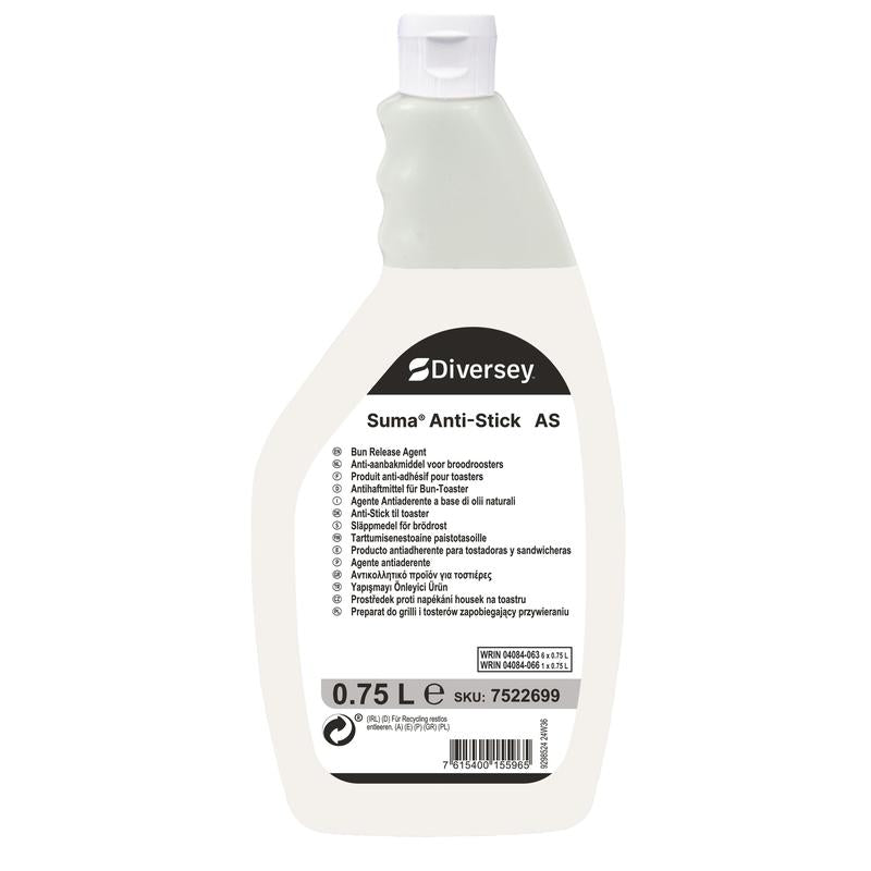 Een 750 ml fles Suma Anti-Stick AS antikleefmiddel voor bun-toasters van Diversey Deutschland GmbH & Co. OHG, met wit etiket, ergonomische greep en meertalige handleiding - perfect voor de professionele reiniging van keukentoasters.