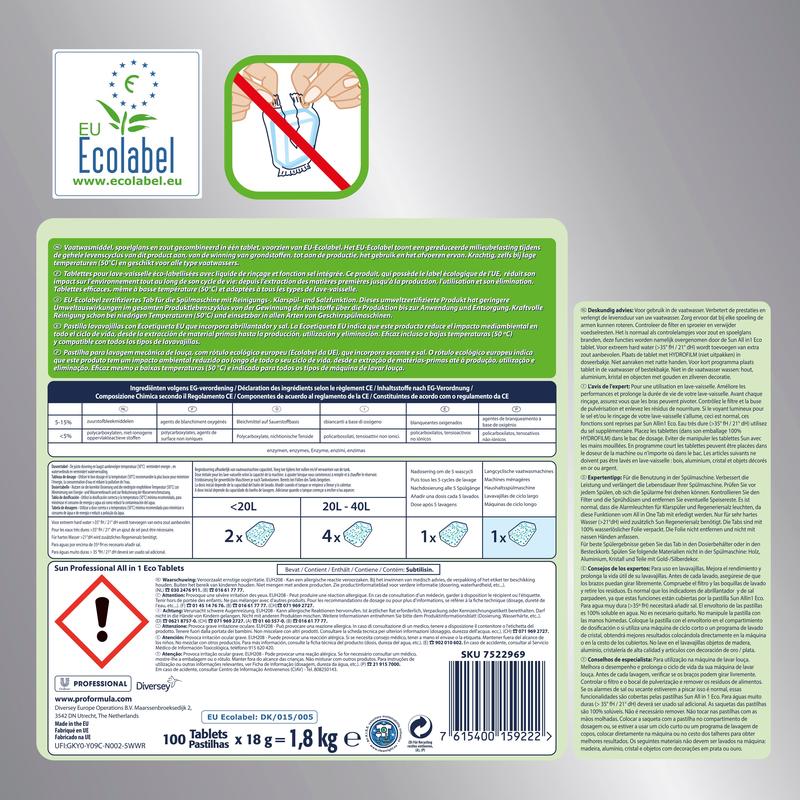 L'étiquette pour SUN Professional All in One ECO Tabs pastilles pour lave-vaisselle de Diversey Deutschland GmbH & Co. OHG affiche le label écologique de l'UE et contient des instructions, une liste d'ingrédients et des informations de sécurité en plusieurs langues. Elle contient une illustration montrant une main plaçant une ECO Tab dans un récipient avec un panneau d'interdiction rouge.