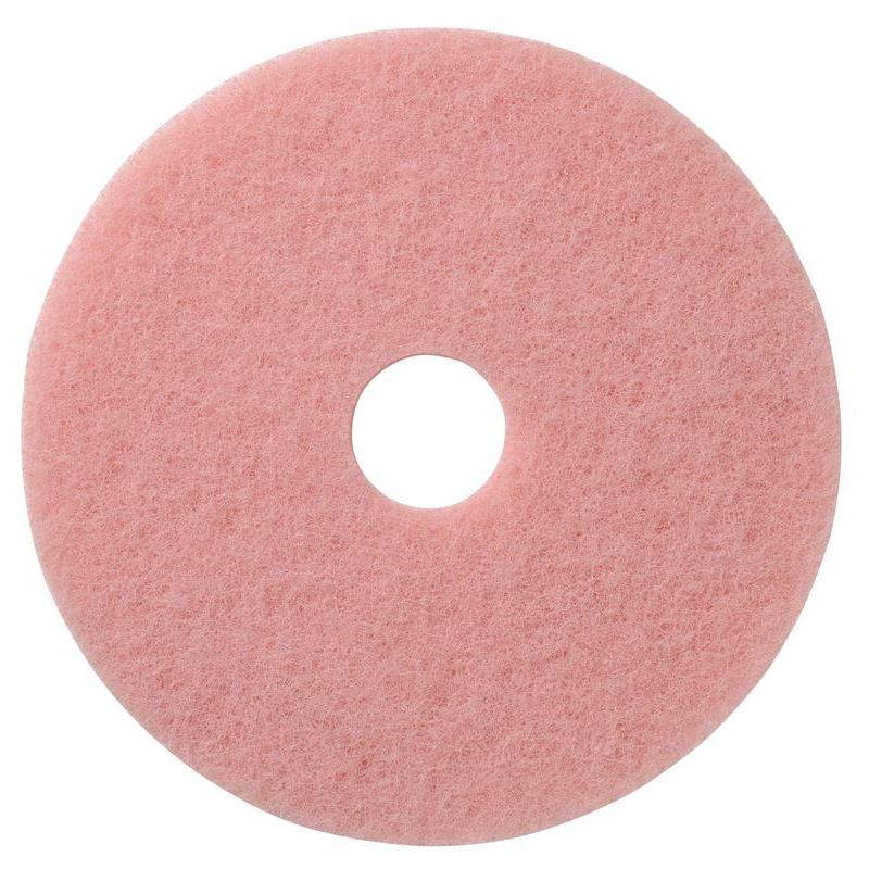 Het roze, ronde TASKI Americo Remover Pad Kombipad voor reiniging en polijsten van Diversey Deutschland GmbH & Co. OHG heeft een ruwe structuur en een gat in het midden, van bovenaf op een witte achtergrond.