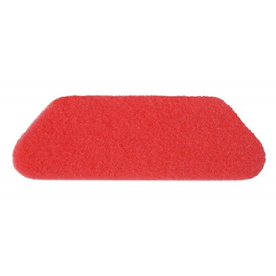 Le TASKI Americo S-Pad 45 x 15 cm Rouge de Diversey, un tampon de nettoyage et de polissage pour l'entretien régulier et les nettoyants en spray, est rectangulaire avec des bords légèrement arrondis et un coin en biais sur un fond blanc.