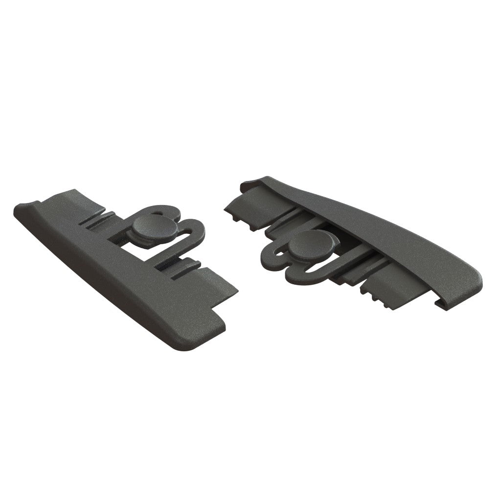 Twee zwarte Jonmaster UltraPlus eindkappen L/R van kunststof van Diversey Deutschland GmbH & Co. OHG, gebruikt als vervangende doppen voor de UltraPlus mop-houder, afgebeeld met afgeronde randen en vergrendelingsmechanismen op een witte achtergrond (2 verpakkingen/doos).