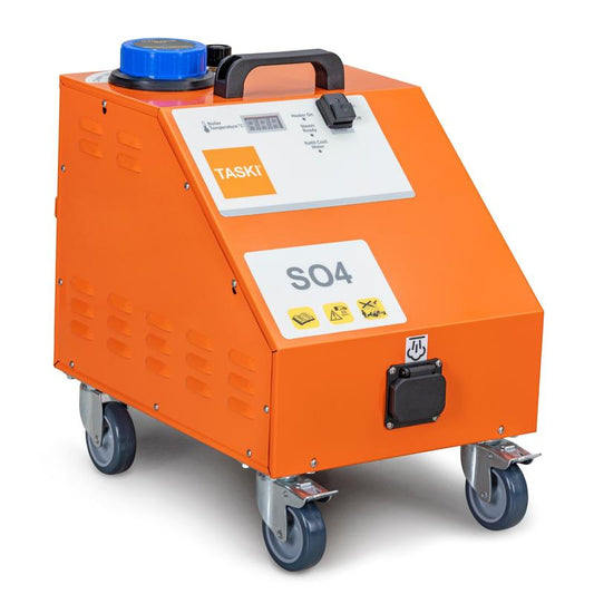 Der TASKI Steam SO4 Dampfreiniger von Diversey Deutschland GmbH & Co. OHG verfügt über 4,5 bar Dampfdruck, ein orangefarbenes Gehäuse mit Griff, Räder, Bedienfeld, blaue Kappe, Sicherheitsaufkleber, Frontsteckdose - ideal für umweltfreundliche Reinigung.