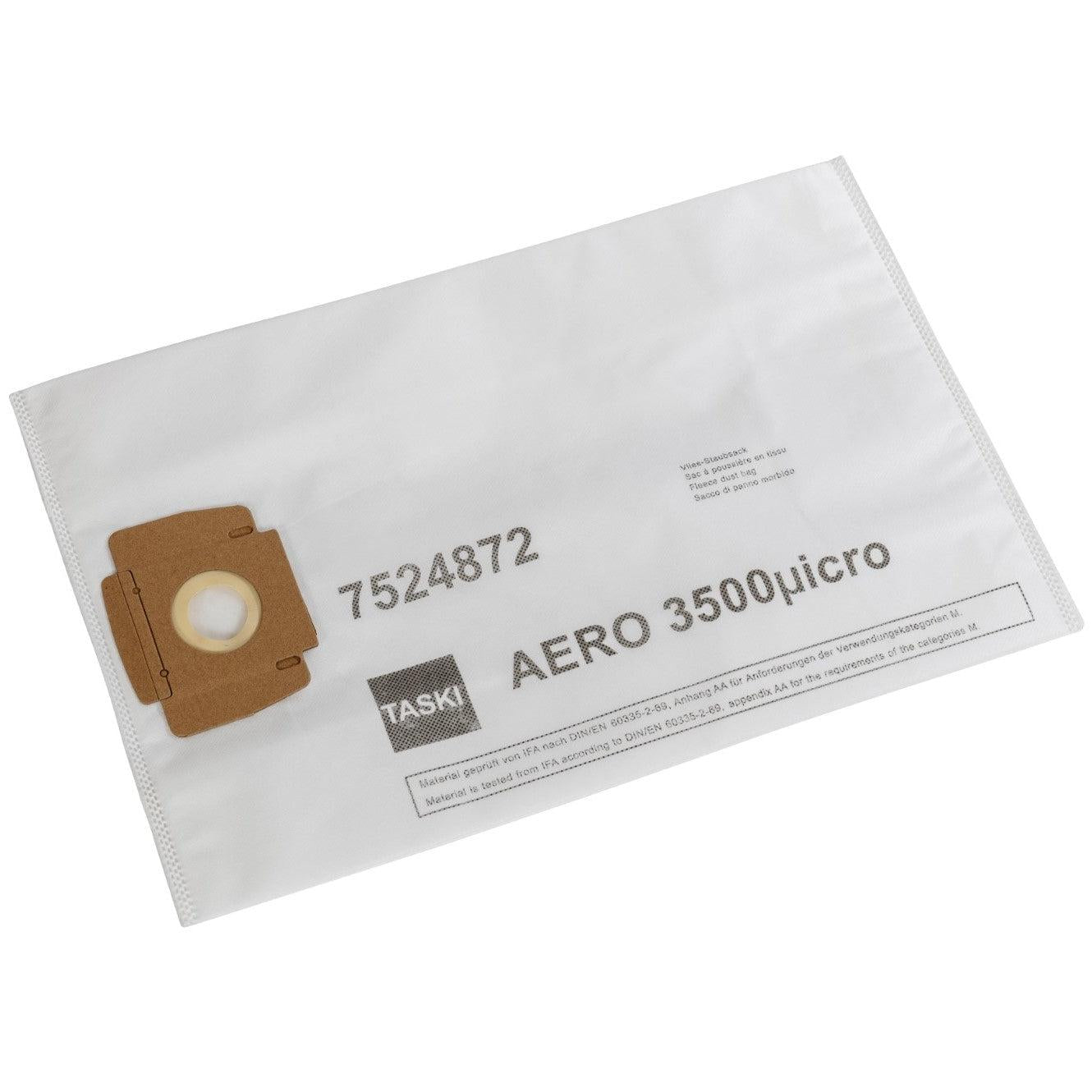 Een witte vliesstof stofzak AERO 3500 van Diversey Deutschland GmbH & Co. OHG, met kartonnen kraag en linkszijdige ronde opening; gemarkeerd met "AERO 3500" en "7524872". Productinformatie aan de rechterkant. Verkocht in dozen met 10 verpakkingen.