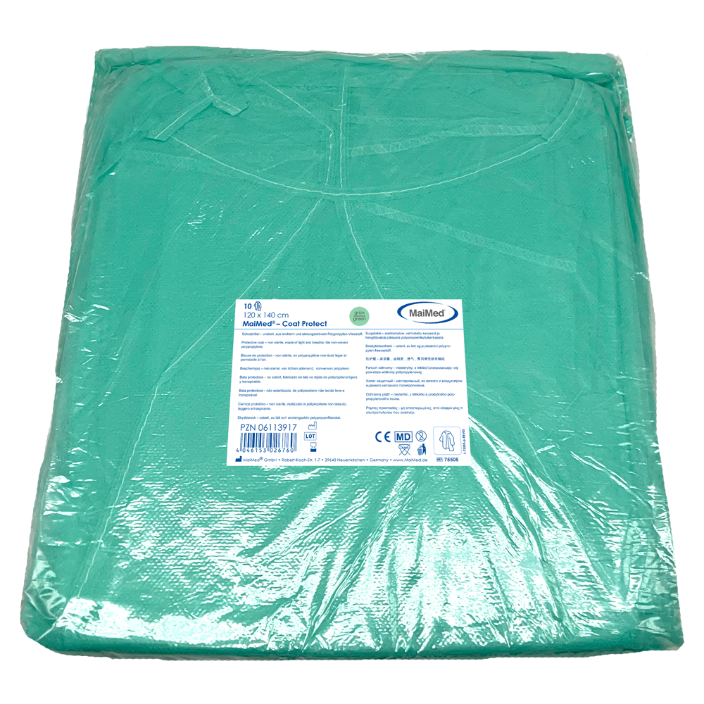 MaiMed-Coat Protect, beschermjas van fleece, groen niet-steriel, elastische manchetten, lengte 120 cm, 10 stuks | Pak (10 stuks)