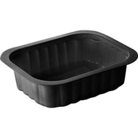 Une barquette en PP de la marque Duni GmbH, modèle PP 138x114, de couleur noire, à parois nervurées et bord plat, de forme rectangulaire, représentée en vue de dessus oblique sur fond blanc.