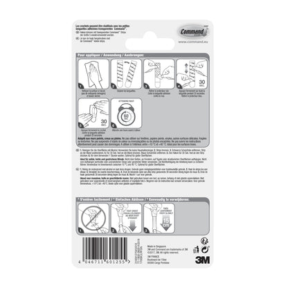 Rückseite der 3M Command™ Mini-Haken (transparent, 17006CLR) Verpackung mit illustrierten Schritten zum Anbringen/Entfernen der transparenten Streifen, mehrsprachigem Text und Produktinformation. Ideal für transparente Haken oder Mini-Haken.