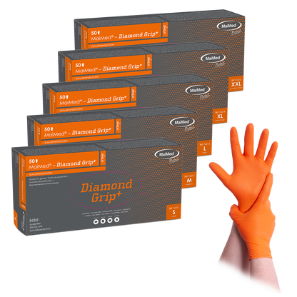 Gant en nitrile MaiMed-Diamond Grip+ orange, non stérile, sans latex