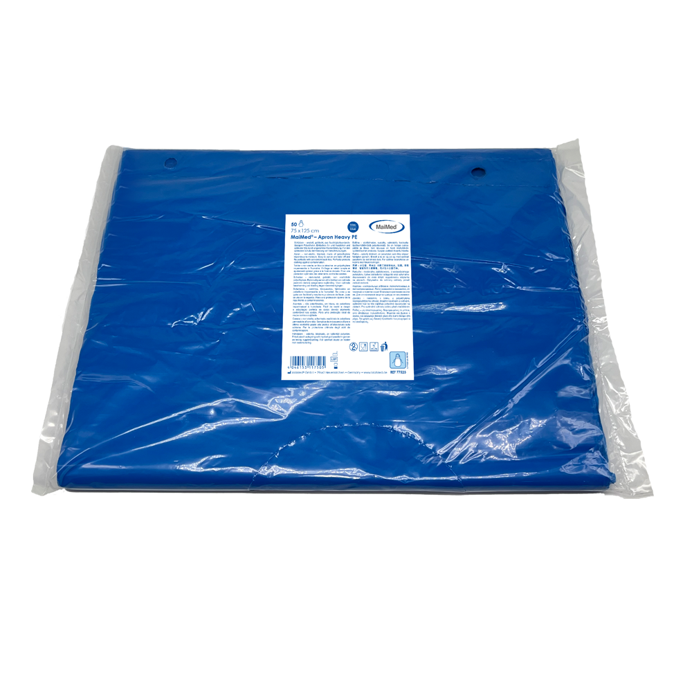 MaiMed-Schort Heavy PE, schort van PE 75x125cm blauw, 50 stuks/pak, geblokt, glad oppervlak | Pak (50 stuks)
