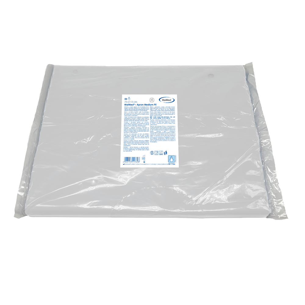 MaiMed-Apron Medium PE, tablier en PE 75x115cm blanc, 50 pièces/paquet, bloqué, surface lisse | Paquet (50 pièces)