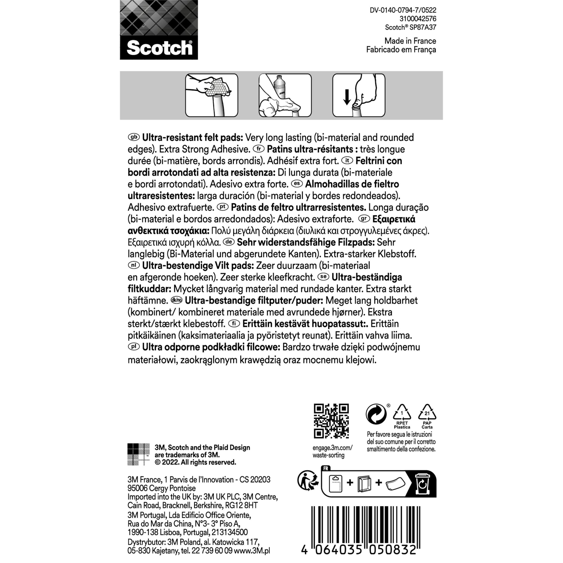 Scotch® Extrembeständige Filzpads SP87A37 von 3M Deutschland GmbH. Auf der Vorderseite der Verpackung stehen "ultrabeständige Filzpads" und "extra starker Klebstoff" in mehreren Sprachen, mit Symbolen und Details. Enthält 12 selbstklebende Pads (24 mm x 22 mm).
