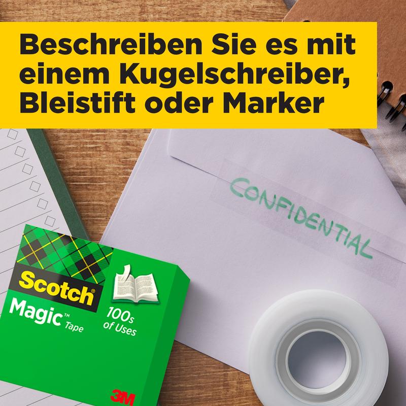 Een verpakking 3M Deutschland GmbH Scotch® Magic™ Onzichtbare Tape, een envelop met "CONFIDENTIAL", een rol tape en een notitieblok liggen op een houten tafel. Bovenaan bevindt zich een geel tekstvak met Duitse tekst.