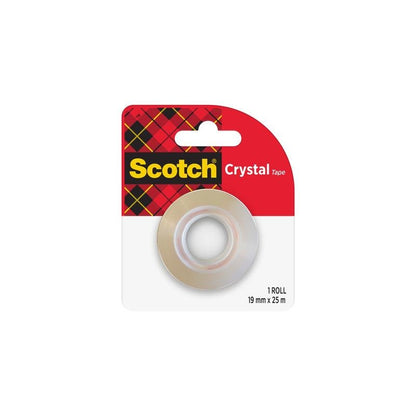 Un rouleau de ruban adhésif transparent Scotch® Crystal de 3M Deutschland GmbH, recharge (19 mm x 25 m), montre un rouleau de ruban adhésif transparent avec un centre blanc dans un emballage à carreaux avec l'inscription "Scotch Crystal Tape", contenant un rouleau.
