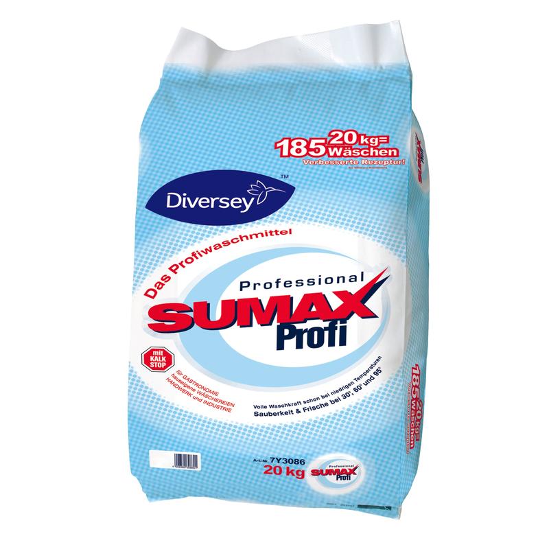 Un sac de 20 kg de Sumax Profi Lessive complète de Diversey Deutschland GmbH & Co. OHG pour 185 lavages dans un design blanc-bleu avec des écritures rouges et bleues. Les informations sur le produit sont indiquées sur l'emballage en langue allemande.