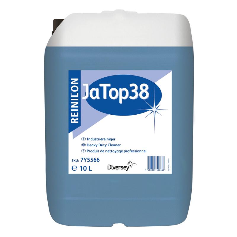 Een 10-liter verpakking Reinilon Ja-Top 38 Industriereiniger van Diversey Deutschland GmbH & Co. OHG kenmerkt zich door een blauwe vloeistof, een milieuvriendelijke formule en een etiket met productinformatie en een barcode aan de voorkant.