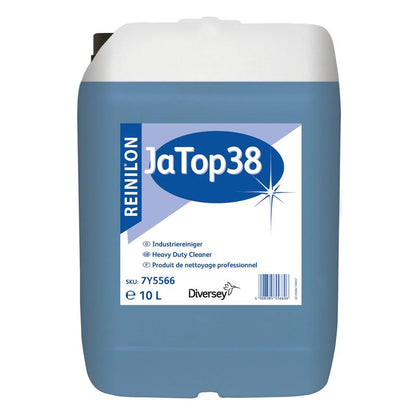 Een 10-liter verpakking Reinilon Ja-Top 38 Industriereiniger van Diversey Deutschland GmbH & Co. OHG kenmerkt zich door een blauwe vloeistof, een milieuvriendelijke formule en een etiket met productinformatie en een barcode aan de voorkant.
