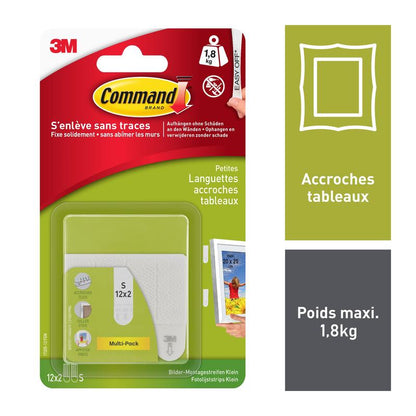 Een verpakking 3M Deutschland GmbH Kleine witte Command™ Bilder-Montage Strips S 17202FGN bevat 12 strips voor het ophangen van foto's (max. 1,8 kg), met Franse handleiding, productafbeeldingen en technische gegevens aan de rechterkant van de verpakking.