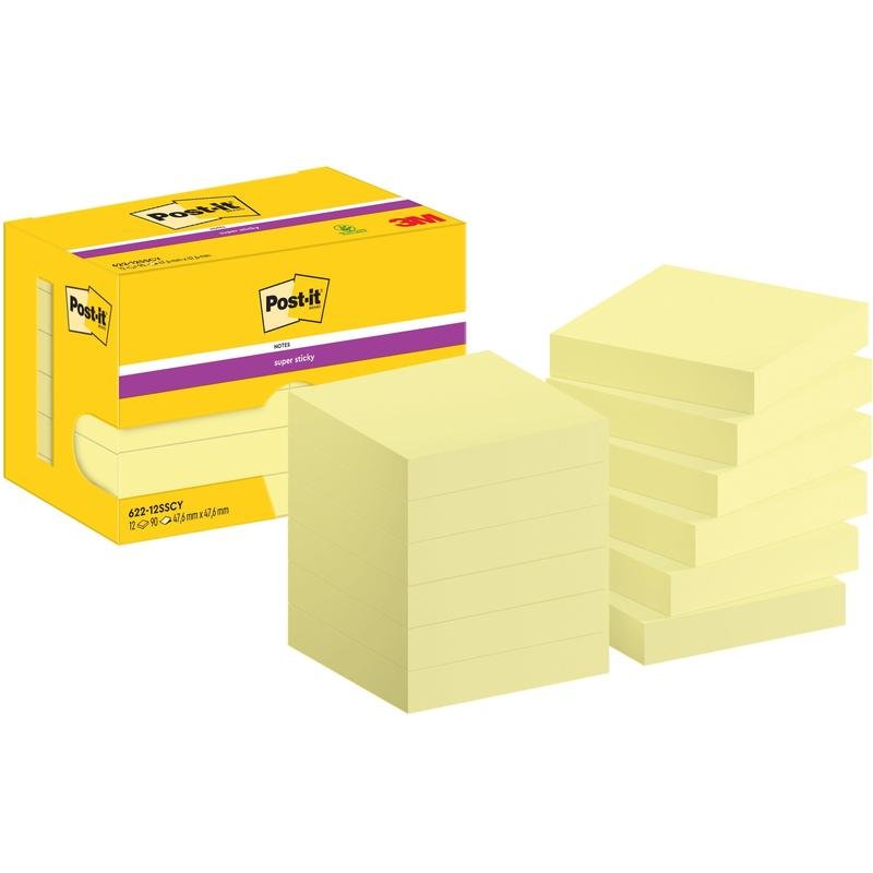 Een gele doos met het opschrift "Post-it® Super Sticky Notes, 47,6 mm x 47,6 mm, 90 vel/blok, 100% PEFC" van 3M Deutschland GmbH is afgebeeld, daarnaast liggen negen gestapelde gele notitieblokken.