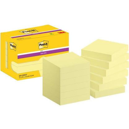 Een gele doos met het opschrift "Post-it® Super Sticky Notes, 47,6 mm x 47,6 mm, 90 vel/blok, 100% PEFC" van 3M Deutschland GmbH is afgebeeld, daarnaast liggen negen gestapelde gele notitieblokken.