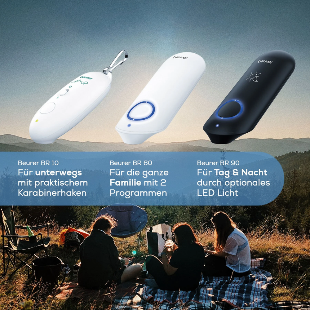 Der Beurer GmbH BR 60 Insektenstichheiler zeigt sich über einer Campingszene mit Karabinerhaken, zwei Programmen und optionalem LED-Licht - ideal zur Behandlung von Insektenstichen im Freien.