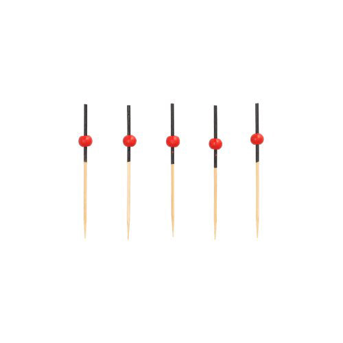 Vijf PAPSTAR 250 Fingerfood - prikkers van PAPSTAR GmbH, van hout met zwarte hulzen en rode kralen, verticaal in een rij voor een witte achtergrond gerangschikt.