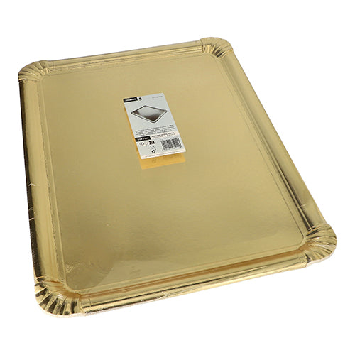 Die Starpak 5 Servierplatten (34 x 45,5 cm) aus goldfarbener, PET-beschichteter Pappe haben erhöhte Kanten und abgerundete Ecken. Einwegschalen mit Barcode-Aufkleber und Produktetikett auf weißem Hintergrund. Packung mit 5 Stück.