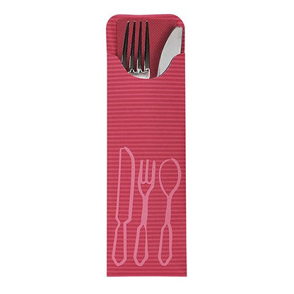 De PAPSTAR 100 bestekzakjes (23,5 x 7,3 cm) van PAPSTAR GmbH beschikken over een rood bistro-servet met witte bestekcontouren en worden geleverd met metalen vork en mes – ideaal voor de horeca.
