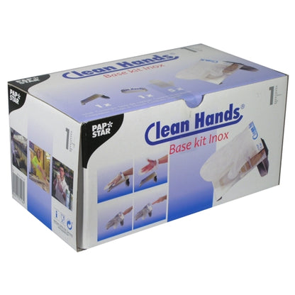 De PAPSTAR Clean Hands Base Kit, roestvrij staal (11,5x12,7x22 cm, zilver) van de PAPSTAR GmbH komt in een witte vouwdoos met blauwe en paarse accenten en toont afbeeldingen van handbescherming voor hygiënisch gebruik.