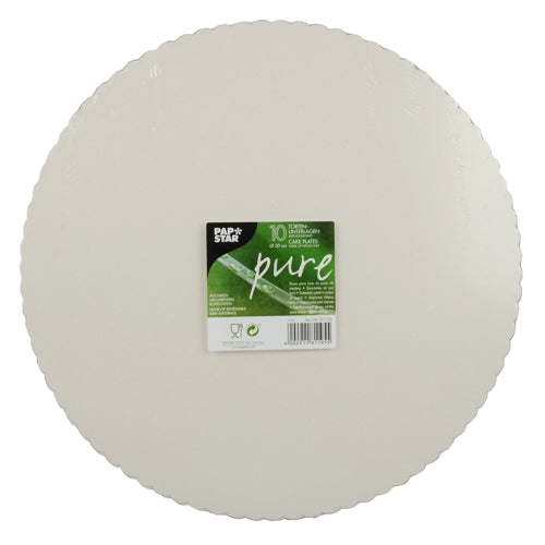 Il est illustré un ensemble de 10 plateaux à gâteaux ronds et blancs PAPSTAR en carton écologique. Chaque plateau a un bord ondulé et est marqué du label vert et blanc "Papstar Pure". Le fond est simplement blanc.