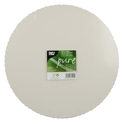Il est illustré un ensemble de 10 plateaux à gâteaux ronds et blancs PAPSTAR en carton écologique. Chaque plateau a un bord ondulé et est marqué du label vert et blanc "Papstar Pure". Le fond est simplement blanc.