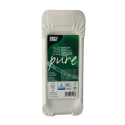 Een 25-pack ronde witte wegwerpborden van duurzaam karton van de PAPSTAR GmbH, serie "Pure", in overwegend witte verpakking met groen etiket met productdetails in meerdere talen.