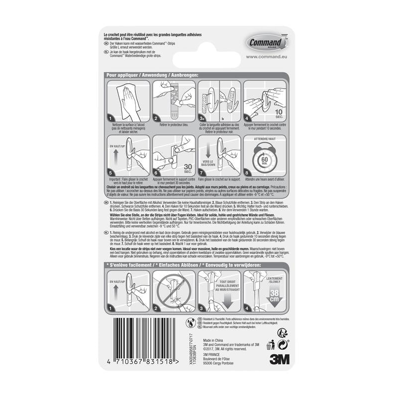 Le dos du crochet de design large pour salle de bain Command™, 17083B de 3M Deutschland GmbH, montre un guide illustré étape par étape pour fixer et retirer les crochets de salle de bain sans perçage, avec un texte multilingue et des informations sur le produit en bas.