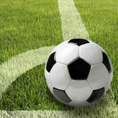 Ein schwarz-weißer Fußball sitzt auf grünem Rasen an einer weißen Linie - ideal für eine sportliche Tischdekoration mit PAPSTAR 20 Servietten, 33x33cm, 3-lagig, 4er Set von PAPSTAR GmbH bei Ihrer nächsten Veranstaltung.