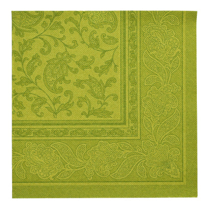 Die PAPSTAR GmbH 50 Servietten "ROYAL Collection" 1/4-Falz 40 x 40 cm in grün zeigen ein elegantes Paisley- und Blumen-Webmuster mit einer dekorativen Bordüre - perfekte grüne Servietten für jeden Anlass.