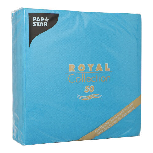 Eine klar verpackte PAPSTAR GmbH 50 Servietten "ROYAL Collection" 1/4-Falz, 40 x 40 cm, türkisblaue Verpackung mit silberner und goldener Schrift.