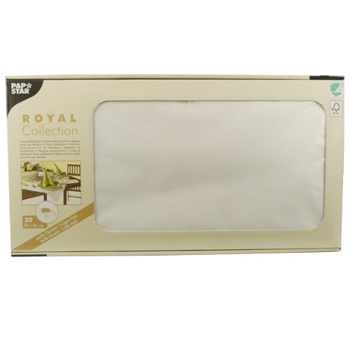 Een beige doos van PAPSTAR GmbH met het opschrift „ROYAL Collection“ bevat 20 witte tissue-middendoeken (80 x 80 cm), die deels zichtbaar zijn door een voorraam op de verpakking.