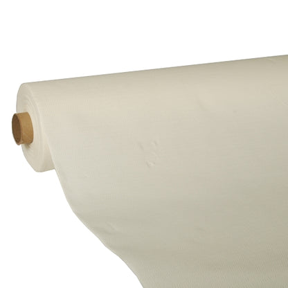 Un grand rouleau de nappe crème « ROYAL Collection » de PAPSTAR GmbH, partiellement déroulé pour montrer la texture lisse et la qualité de tissu haut de gamme, est enroulé autour d'un tube en carton brun.