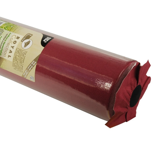 Un rouleau de nappe tissu « ROYAL Collection » de PAPSTAR GmbH en couleur marron châtaigne, partiellement emballé dans un emballage transparent avec étiquette produit, vous offre une qualité de tissu exceptionnelle.
