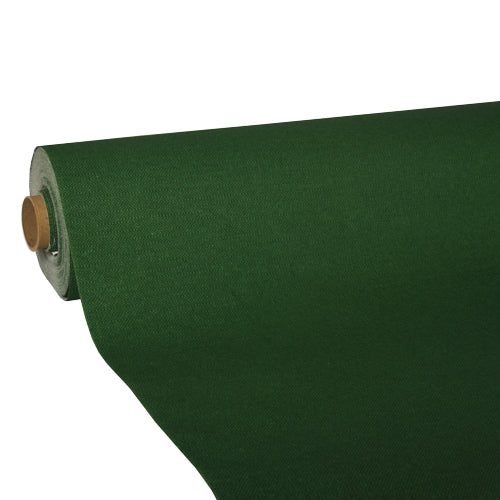 Un gros plan d'un rouleau de nappe partiellement déroulé de la PAPSTAR GmbH, tissu „ROYAL Collection“, en vert foncé, montre sa qualité de tissu de haute qualité sur un fond blanc.