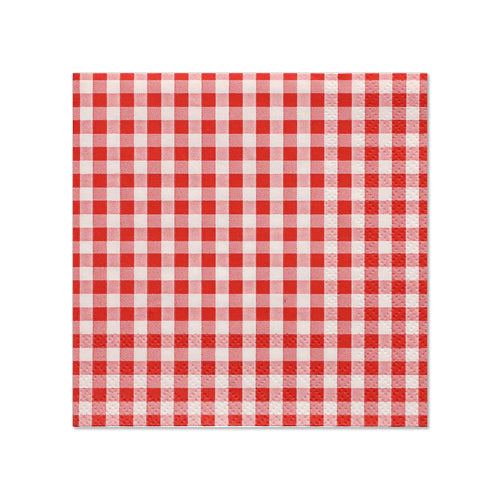 PAPSTAR 20 serviettes de la société PAPSTAR GmbH : serviettes carrées 3 plis au format 25 x 25 cm avec un motif vichy rouge-blanc, photographiées sur un fond blanc simple.