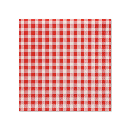 PAPSTAR 20 serviettes de la société PAPSTAR GmbH : serviettes carrées 3 plis au format 25 x 25 cm avec un motif vichy rouge-blanc, photographiées sur un fond blanc simple.