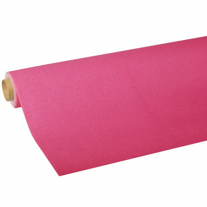 Un rouleau de nappe en tissu „ROYAL Collection“ de la PAPSTAR GmbH en rose vif est partiellement déroulé, révélant ainsi sa qualité et sa couleur de tissu de haute qualité, avec le noyau en carton visible à une extrémité.
