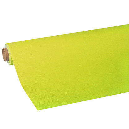 Un rouleau de nappe jaune-vert vif PAPSTAR, tissu « Collection ROYAL » de PAPSTAR GmbH, partiellement déroulé et enroulé autour d'un tube en carton.