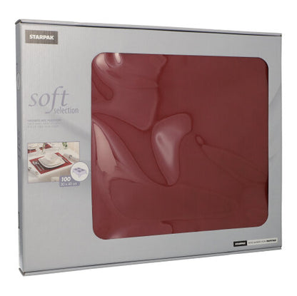 La boîte argentée Starpak contient 100 sets de table rouges, semblables à du tissu, en non-tissé (30x40cm) de la ligne « Soft Selection ». Une fenêtre de visualisation montre les sets de table stylés, parfaits pour une décoration de table élégante.