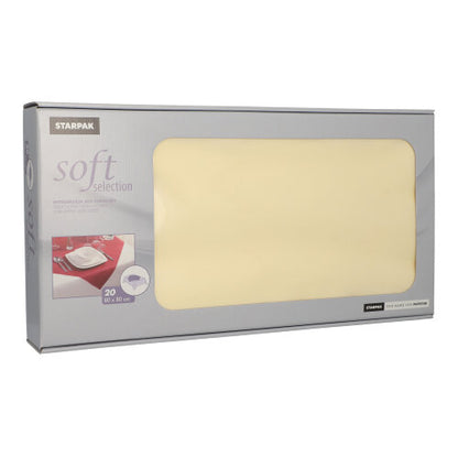 Een rechthoekige doos Starpak 20 middeldekken, stofachtig, vlies "soft selection" (80x80 cm), in crème, is afgebeeld tegen een witte achtergrond. De overwegend grijze verpakking benadrukt productdetails en is ideaal voor gebruik in de horeca.