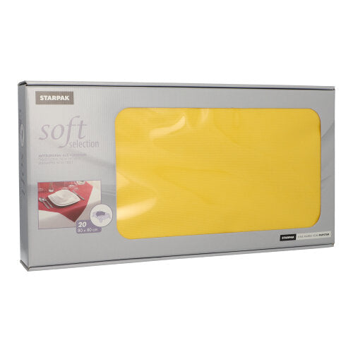 Een rechthoekige zilveren Starpak-doos met de opdruk "Soft Selection" bevat 20 gele, stofachtige vlies-middeldekken (80 x 80 cm). De doos toont een klein beeld van de servetten op een rode tafel, ideaal voor gebruik in de horeca.
