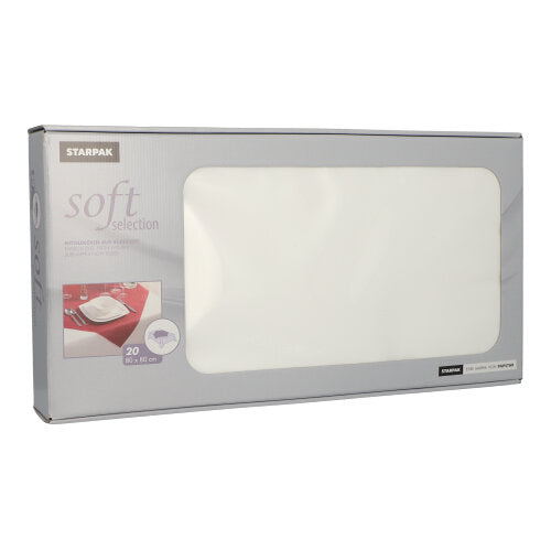 De Starpak "Soft Selection" doos bevat 20 witte, stofachtige vlies-middeldekken (80 x 80 cm), zichtbaar door een transparant venster - ideaal voor de horeca.