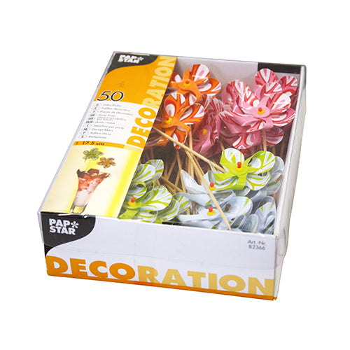 Une boîte de 50 PAPSTAR piques décoratives "Moulin à vent" (17,5 cm, couleurs assorties) dans un plateau en papier, idéal comme accessoires de fête pour les boissons. L'emballage est marqué du texte "DÉCORATION" de la société PAPSTAR GmbH et d'une illustration de boissons décorées.
