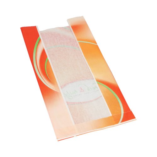 Een witte Starpak zichtstripzak 'Fresh & Tasty' (33 x 16 x 8,7 cm) met oranje-geel ontwerp toont zijn inhoud door een centraal transparant venster. Verpakking bevat 1000 zakken in krimpfolie.
